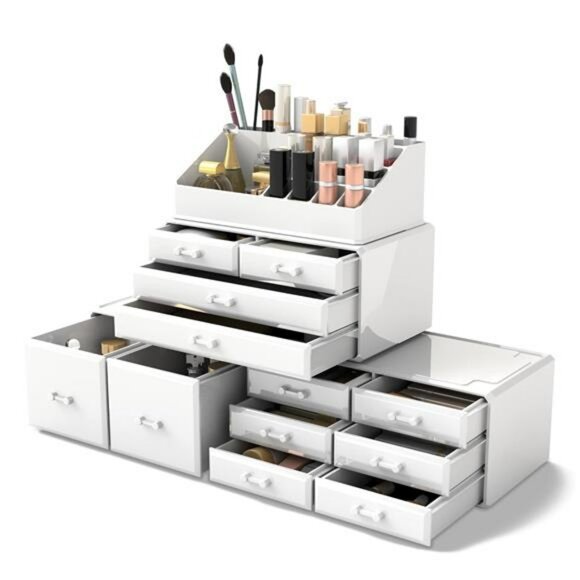Makeup Organizer with Drawers Cosmetic Storage Box Vanity Case White Plastic - Picture 1 of 7